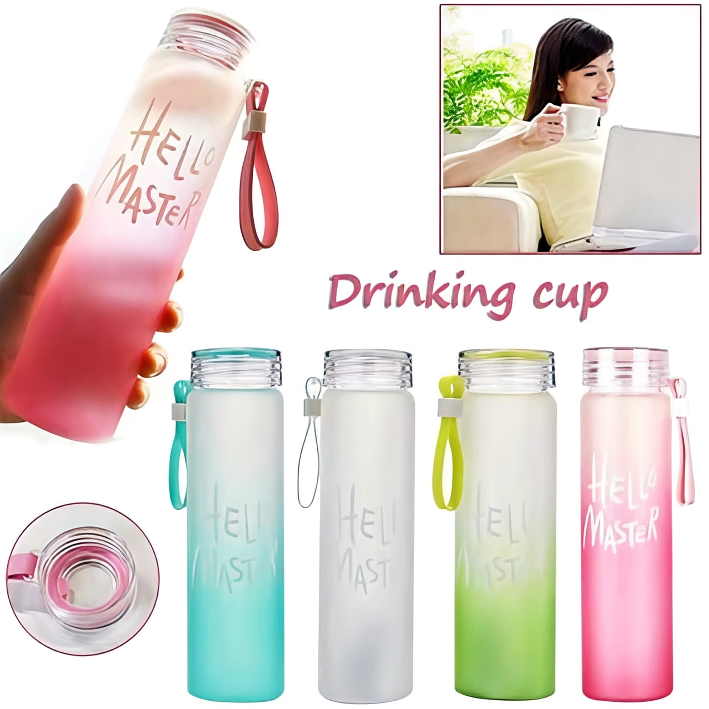 Glass Water Bottle "Hello Master" BUY 1 GET 1